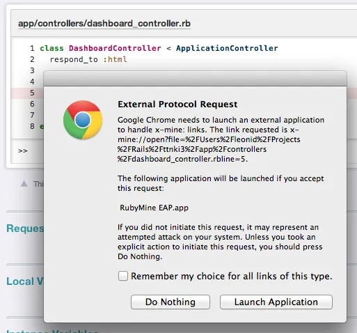 Chrome dialog asking whether to launch an external application for the x-mine link, with a checkbox to remember the choice