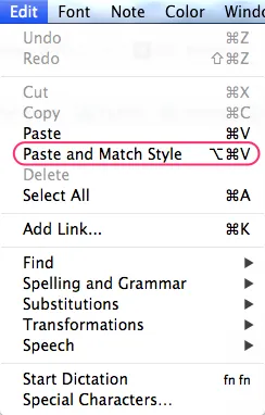 The Edit menu in Stickies with the Paste and Match Style item highlighted