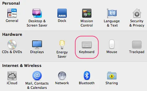 System Preferences with the Keyboard pane highlighted