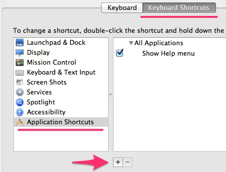 The Keyboard Shortcuts tab with Application Shortcuts selected and the plus button highlighted