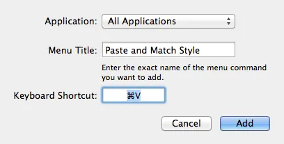 The Add Application Shortcut dialog with All Applications, Paste and Match Style, and Cmd+V filled in
