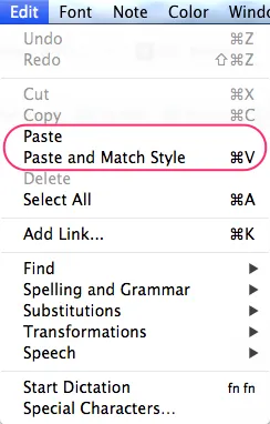 The Edit menu with Cmd+V now assigned to Paste and Match Style